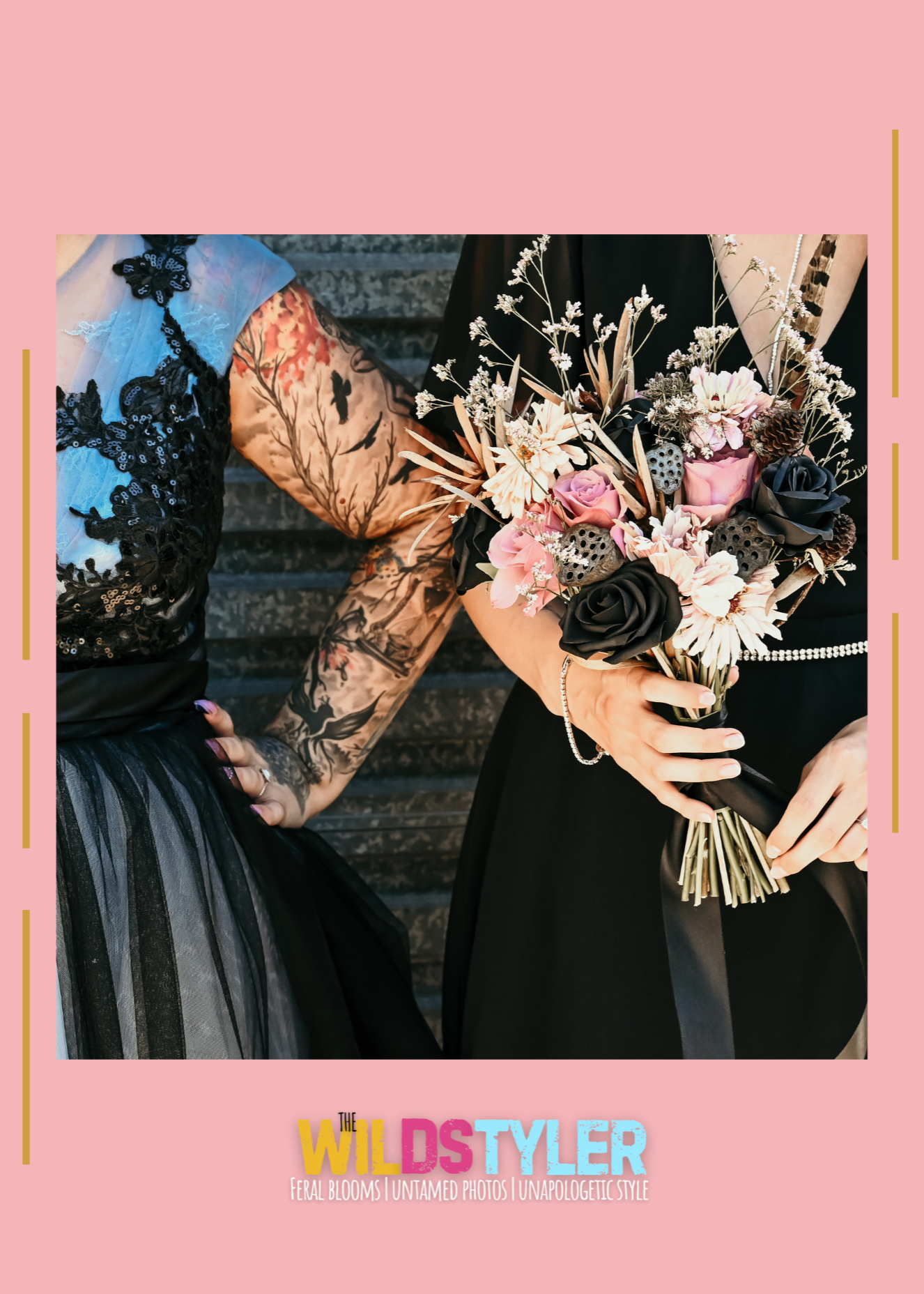 non-traditional bride in gorgeous black and grey dress with a wild bouquet - edgy elopement in New Zealand