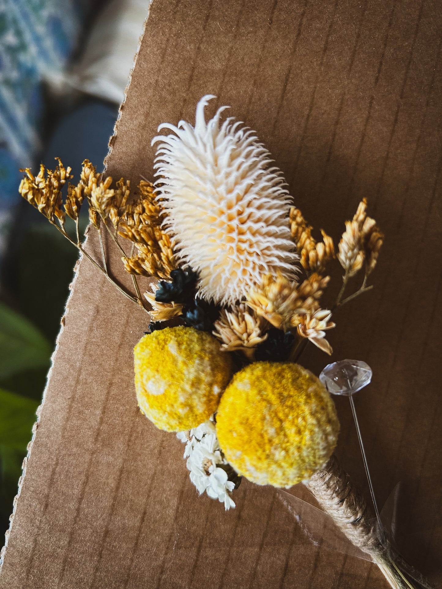 beautiful dried floral buttonhole for a wedding at tatum, New Zealand