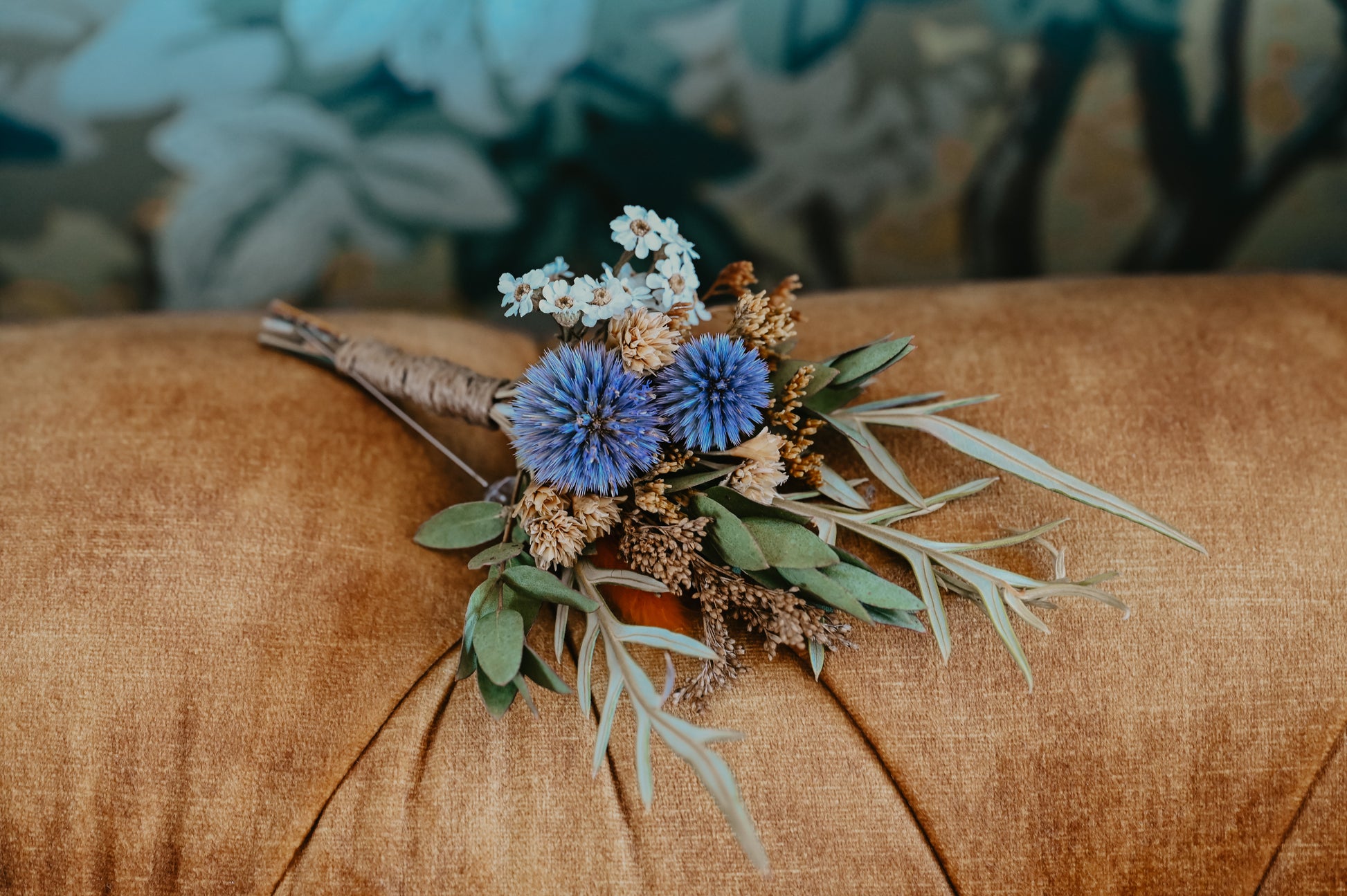 Rustic wedding buttonhole with a pop of blue. Wildstyler wedding florals NZ